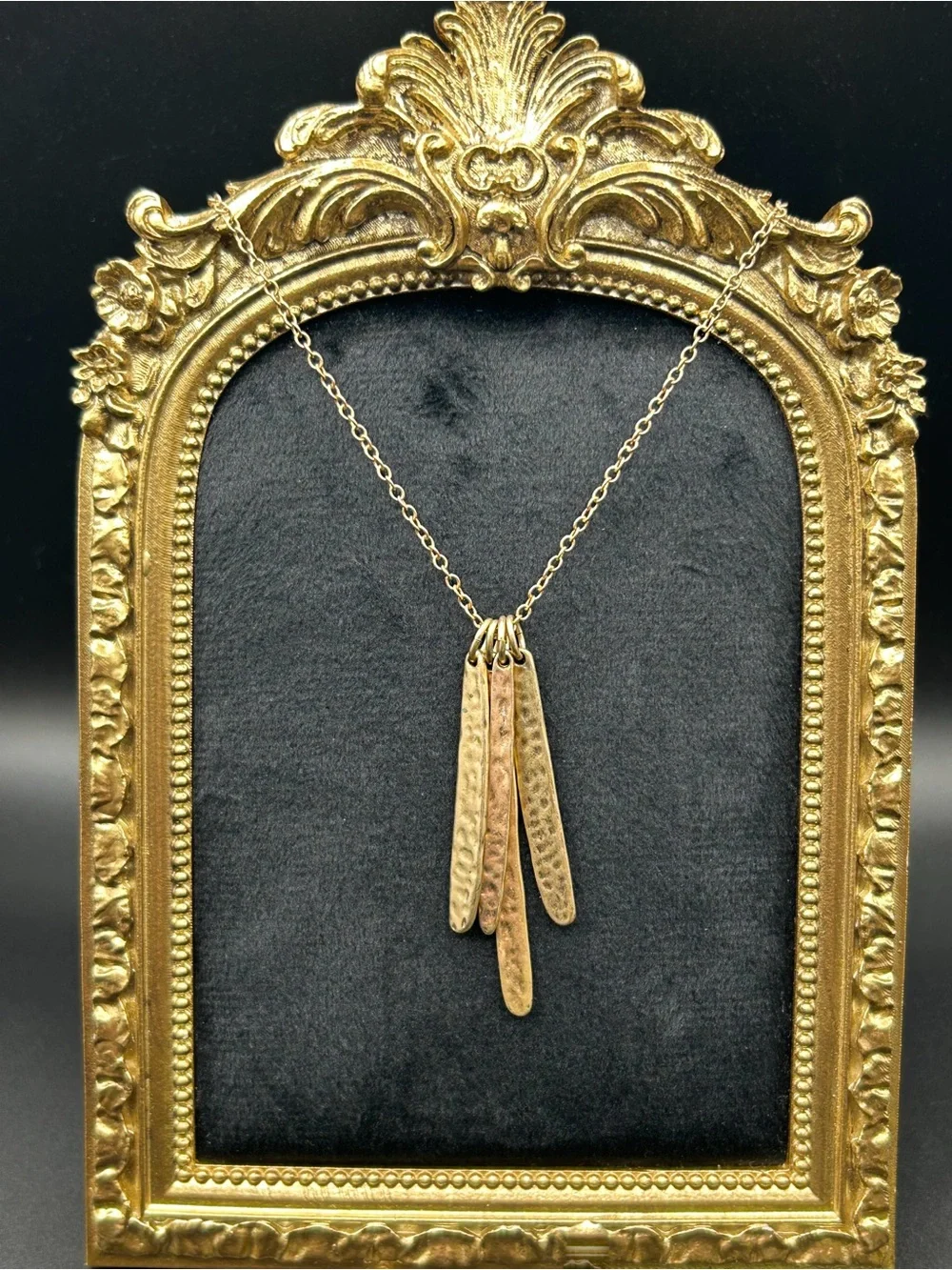 Chico's Gold Tone Hammered Multi-Pendant Necklace, Organic Stick Fringe